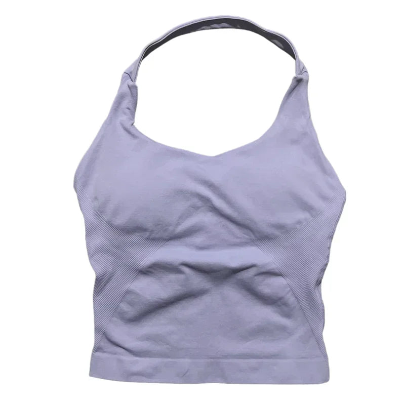 Prenda Superior Deportiva de Cuello Halter para Mujer, Camiseta de Tirantes Sin Costuras para Yoga con Almohadillas Integradas (Relleno), Ropa Deportiva Ajustada de Alta Elasticidad para Entrenamiento en Gimnasio, Fitness y C