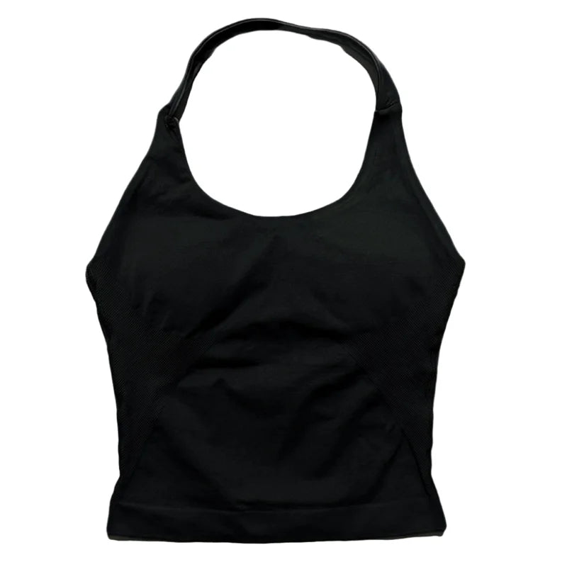 Prenda Superior Deportiva de Cuello Halter para Mujer, Camiseta de Tirantes Sin Costuras para Yoga con Almohadillas Integradas (Relleno), Ropa Deportiva Ajustada de Alta Elasticidad para Entrenamiento en Gimnasio, Fitness y C