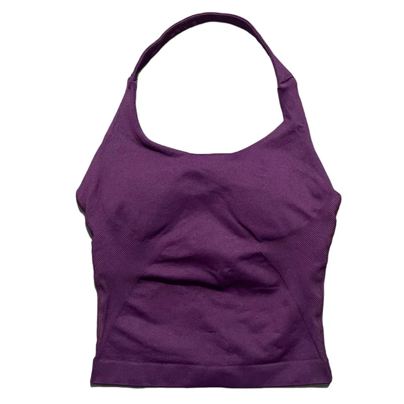 Prenda Superior Deportiva de Cuello Halter para Mujer, Camiseta de Tirantes Sin Costuras para Yoga con Almohadillas Integradas (Relleno), Ropa Deportiva Ajustada de Alta Elasticidad para Entrenamiento en Gimnasio, Fitness y C