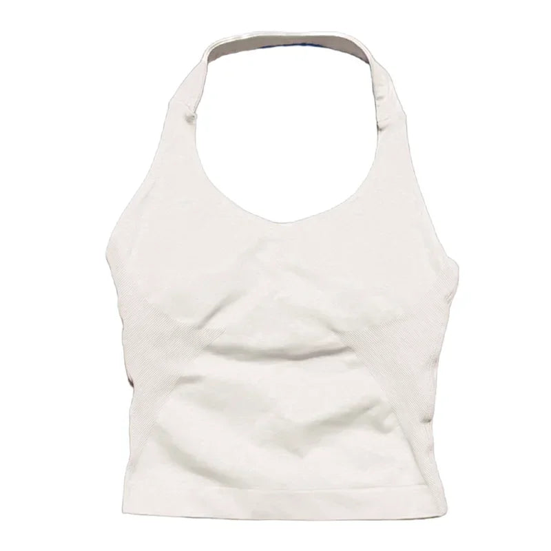 Prenda Superior Deportiva de Cuello Halter para Mujer, Camiseta de Tirantes Sin Costuras para Yoga con Almohadillas Integradas (Relleno), Ropa Deportiva Ajustada de Alta Elasticidad para Entrenamiento en Gimnasio, Fitness y C