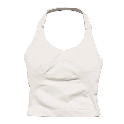 Prenda Superior Deportiva de Cuello Halter para Mujer, Camiseta de Tirantes Sin Costuras para Yoga con Almohadillas Integradas (Relleno), Ropa Deportiva Ajustada de Alta Elasticidad para Entrenamiento en Gimnasio, Fitness y C