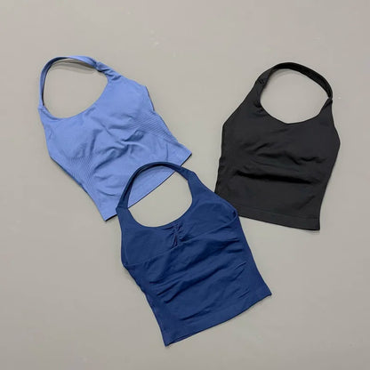 Prenda Superior Deportiva de Cuello Halter para Mujer, Camiseta de Tirantes Sin Costuras para Yoga con Almohadillas Integradas (Relleno), Ropa Deportiva Ajustada de Alta Elasticidad para Entrenamiento en Gimnasio, Fitness y C
