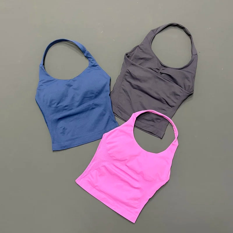 Prenda Superior Deportiva de Cuello Halter para Mujer, Camiseta de Tirantes Sin Costuras para Yoga con Almohadillas Integradas (Relleno), Ropa Deportiva Ajustada de Alta Elasticidad para Entrenamiento en Gimnasio, Fitness y C