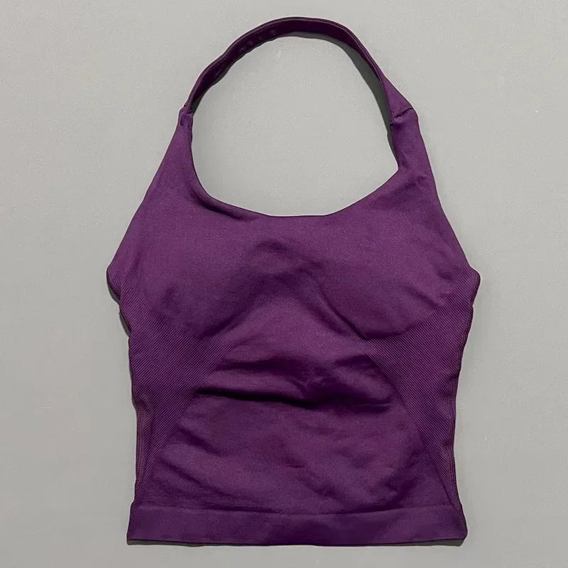 Prenda Superior Deportiva de Cuello Halter para Mujer, Camiseta de Tirantes Sin Costuras para Yoga con Almohadillas Integradas (Relleno), Ropa Deportiva Ajustada de Alta Elasticidad para Entrenamiento en Gimnasio, Fitness y C
