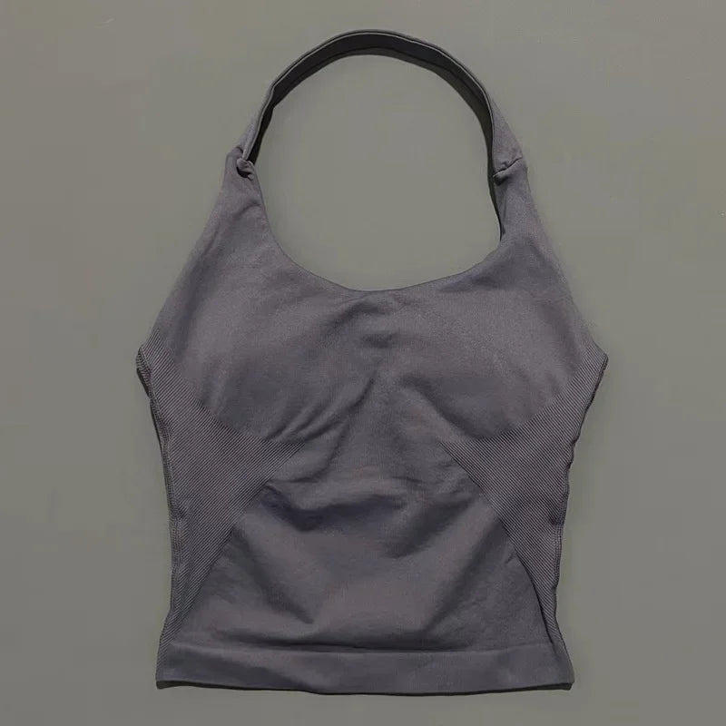 Prenda Superior Deportiva de Cuello Halter para Mujer, Camiseta de Tirantes Sin Costuras para Yoga con Almohadillas Integradas (Relleno), Ropa Deportiva Ajustada de Alta Elasticidad para Entrenamiento en Gimnasio, Fitness y C