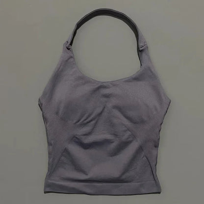 Prenda Superior Deportiva de Cuello Halter para Mujer, Camiseta de Tirantes Sin Costuras para Yoga con Almohadillas Integradas (Relleno), Ropa Deportiva Ajustada de Alta Elasticidad para Entrenamiento en Gimnasio, Fitness y C