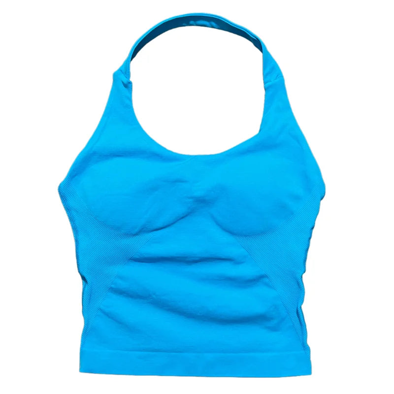 Prenda Superior Deportiva de Cuello Halter para Mujer, Camiseta de Tirantes Sin Costuras para Yoga con Almohadillas Integradas (Relleno), Ropa Deportiva Ajustada de Alta Elasticidad para Entrenamiento en Gimnasio, Fitness y C