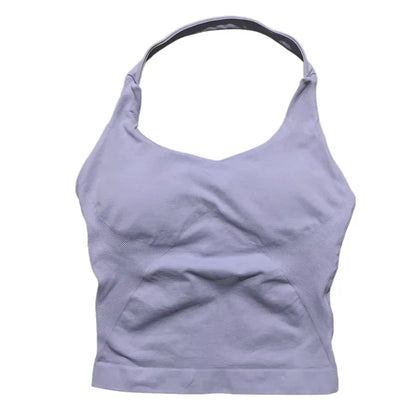 Prenda Superior Deportiva de Cuello Halter para Mujer, Camiseta de Tirantes Sin Costuras para Yoga con Almohadillas Integradas (Relleno), Ropa Deportiva Ajustada de Alta Elasticidad para Entrenamiento en Gimnasio, Fitness y C