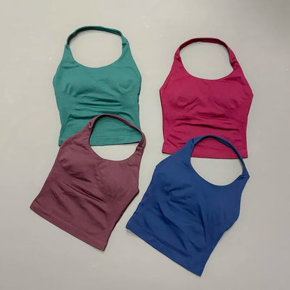 Prenda Superior Deportiva de Cuello Halter para Mujer, Camiseta de Tirantes Sin Costuras para Yoga con Almohadillas Integradas (Relleno), Ropa Deportiva Ajustada de Alta Elasticidad para Entrenamiento en Gimnasio, Fitness y C