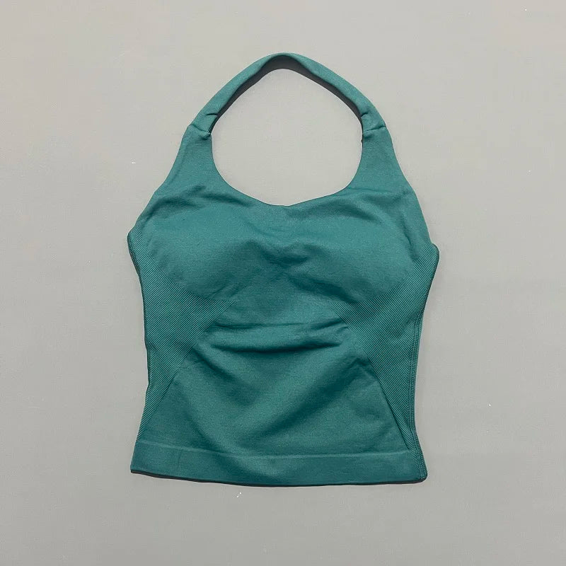 Prenda Superior Deportiva de Cuello Halter para Mujer, Camiseta de Tirantes Sin Costuras para Yoga con Almohadillas Integradas (Relleno), Ropa Deportiva Ajustada de Alta Elasticidad para Entrenamiento en Gimnasio, Fitness y C