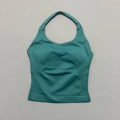 Prenda Superior Deportiva de Cuello Halter para Mujer, Camiseta de Tirantes Sin Costuras para Yoga con Almohadillas Integradas (Relleno), Ropa Deportiva Ajustada de Alta Elasticidad para Entrenamiento en Gimnasio, Fitness y C