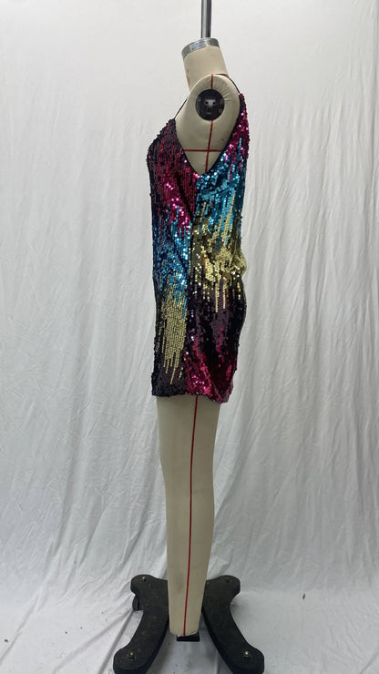 Vestido de Verano para Mujer 2025, Nuevo Vestido Corto Sexy con Tirantes, Sin Mangas, con Lentejuelas, Cuello en V, Tipo Halter, Mini Vestidos, Ropa