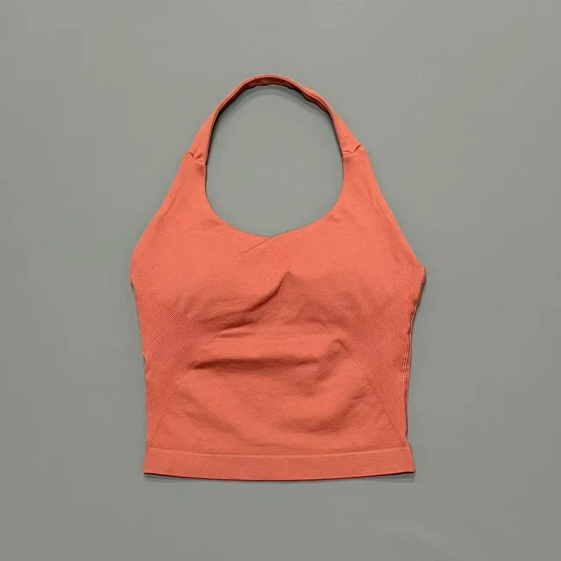 Prenda Superior Deportiva de Cuello Halter para Mujer, Camiseta de Tirantes Sin Costuras para Yoga con Almohadillas Integradas (Relleno), Ropa Deportiva Ajustada de Alta Elasticidad para Entrenamiento en Gimnasio, Fitness y C