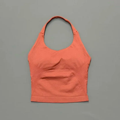 Prenda Superior Deportiva de Cuello Halter para Mujer, Camiseta de Tirantes Sin Costuras para Yoga con Almohadillas Integradas (Relleno), Ropa Deportiva Ajustada de Alta Elasticidad para Entrenamiento en Gimnasio, Fitness y C