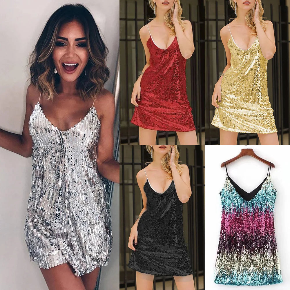 Vestido de Verano para Mujer 2025, Nuevo Vestido Corto Sexy con Tirantes, Sin Mangas, con Lentejuelas, Cuello en V, Tipo Halter, Mini Vestidos, Ropa