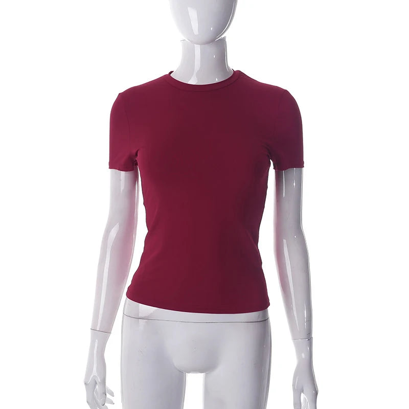 Nueva Camiseta de Manga Corta para Mujer Primavera 2024, Camiseta Corta (Crop Top) Básica, Suave, Sencilla, Casual y Fácil de Combinar, Moda de Verano de Color Liso