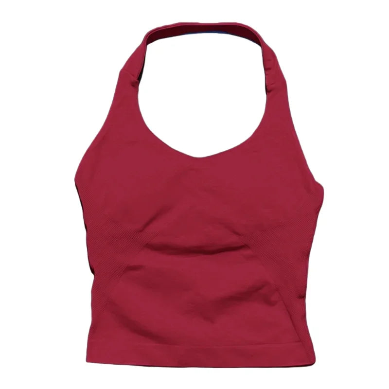 Prenda Superior Deportiva de Cuello Halter para Mujer, Camiseta de Tirantes Sin Costuras para Yoga con Almohadillas Integradas (Relleno), Ropa Deportiva Ajustada de Alta Elasticidad para Entrenamiento en Gimnasio, Fitness y C