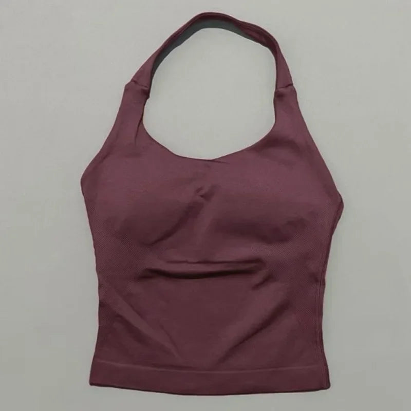 Prenda Superior Deportiva de Cuello Halter para Mujer, Camiseta de Tirantes Sin Costuras para Yoga con Almohadillas Integradas (Relleno), Ropa Deportiva Ajustada de Alta Elasticidad para Entrenamiento en Gimnasio, Fitness y C