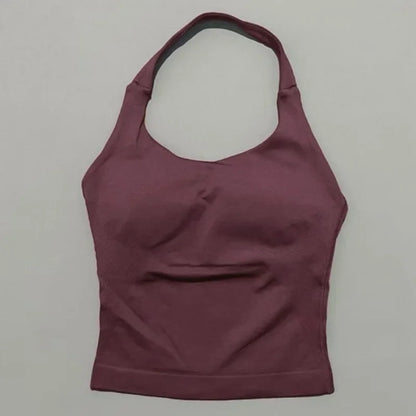 Prenda Superior Deportiva de Cuello Halter para Mujer, Camiseta de Tirantes Sin Costuras para Yoga con Almohadillas Integradas (Relleno), Ropa Deportiva Ajustada de Alta Elasticidad para Entrenamiento en Gimnasio, Fitness y C