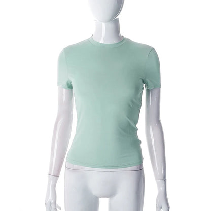 Nueva Camiseta de Manga Corta para Mujer Primavera 2024, Camiseta Corta (Crop Top) Básica, Suave, Sencilla, Casual y Fácil de Combinar, Moda de Verano de Color Liso