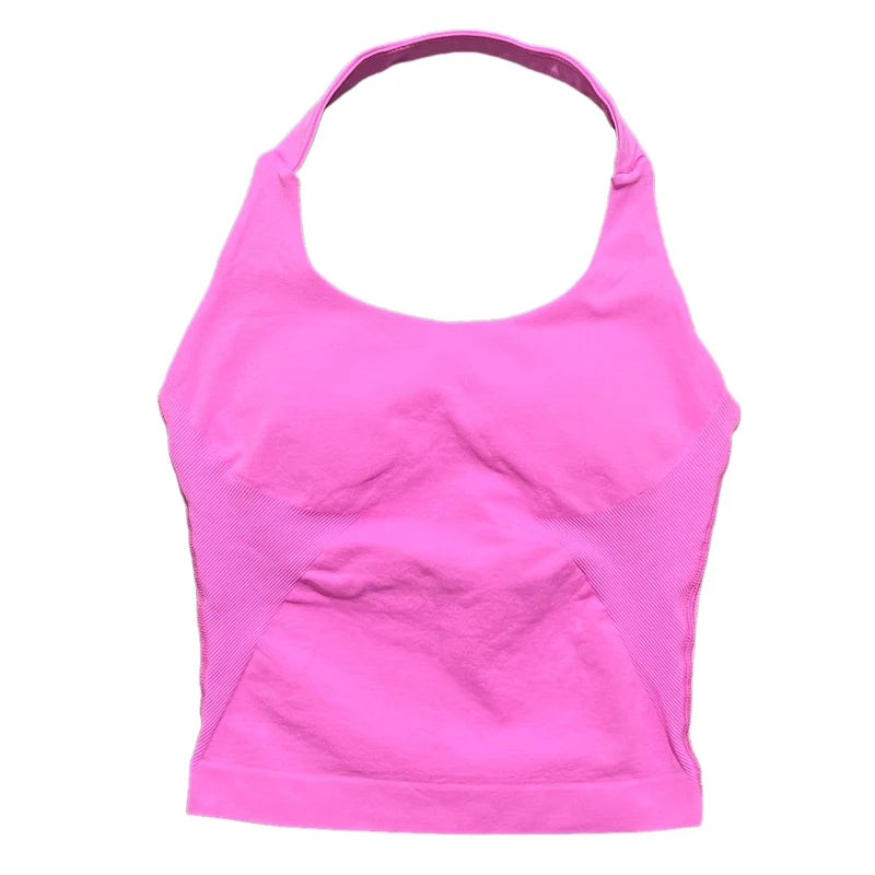 Prenda Superior Deportiva de Cuello Halter para Mujer, Camiseta de Tirantes Sin Costuras para Yoga con Almohadillas Integradas (Relleno), Ropa Deportiva Ajustada de Alta Elasticidad para Entrenamiento en Gimnasio, Fitness y C