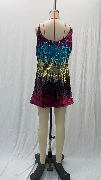 Vestido de Verano para Mujer 2025, Nuevo Vestido Corto Sexy con Tirantes, Sin Mangas, con Lentejuelas, Cuello en V, Tipo Halter, Mini Vestidos, Ropa