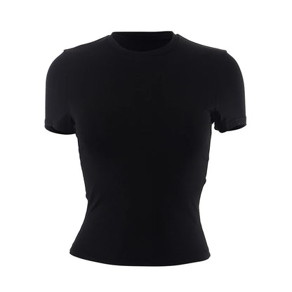 Nueva Camiseta de Manga Corta para Mujer Primavera 2024, Camiseta Corta (Crop Top) Básica, Suave, Sencilla, Casual y Fácil de Combinar, Moda de Verano de Color Liso