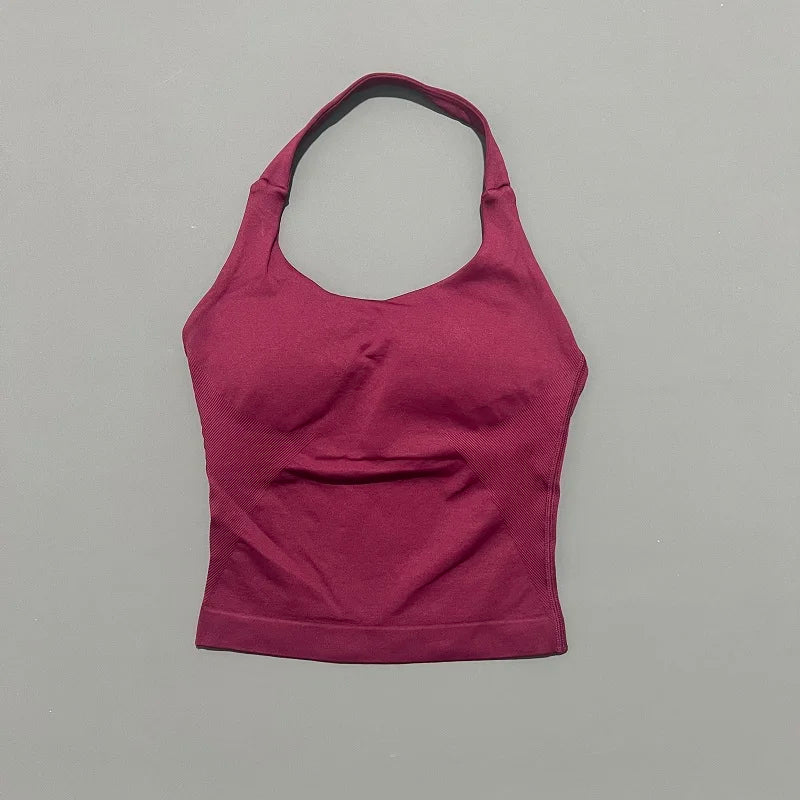 Prenda Superior Deportiva de Cuello Halter para Mujer, Camiseta de Tirantes Sin Costuras para Yoga con Almohadillas Integradas (Relleno), Ropa Deportiva Ajustada de Alta Elasticidad para Entrenamiento en Gimnasio, Fitness y C