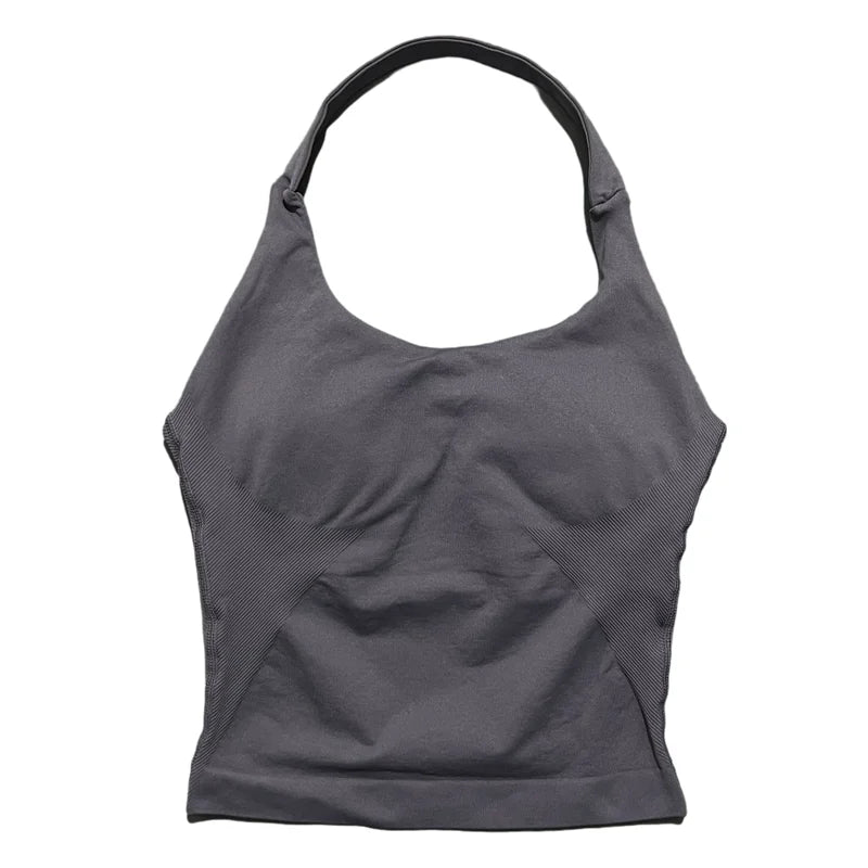 Prenda Superior Deportiva de Cuello Halter para Mujer, Camiseta de Tirantes Sin Costuras para Yoga con Almohadillas Integradas (Relleno), Ropa Deportiva Ajustada de Alta Elasticidad para Entrenamiento en Gimnasio, Fitness y C