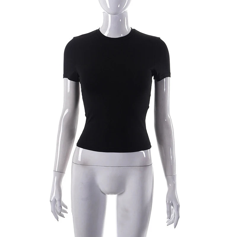 Nueva Camiseta de Manga Corta para Mujer Primavera 2024, Camiseta Corta (Crop Top) Básica, Suave, Sencilla, Casual y Fácil de Combinar, Moda de Verano de Color Liso