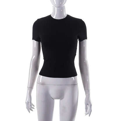 Nueva Camiseta de Manga Corta para Mujer Primavera 2024, Camiseta Corta (Crop Top) Básica, Suave, Sencilla, Casual y Fácil de Combinar, Moda de Verano de Color Liso