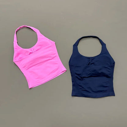 Prenda Superior Deportiva de Cuello Halter para Mujer, Camiseta de Tirantes Sin Costuras para Yoga con Almohadillas Integradas (Relleno), Ropa Deportiva Ajustada de Alta Elasticidad para Entrenamiento en Gimnasio, Fitness y C
