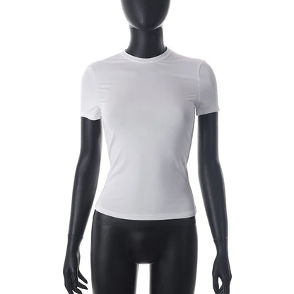 Nueva Camiseta de Manga Corta para Mujer Primavera 2024, Camiseta Corta (Crop Top) Básica, Suave, Sencilla, Casual y Fácil de Combinar, Moda de Verano de Color Liso