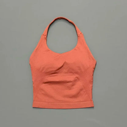 Prenda Superior Deportiva de Cuello Halter para Mujer, Camiseta de Tirantes Sin Costuras para Yoga con Almohadillas Integradas (Relleno), Ropa Deportiva Ajustada de Alta Elasticidad para Entrenamiento en Gimnasio, Fitness y C