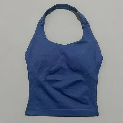 Prenda Superior Deportiva de Cuello Halter para Mujer, Camiseta de Tirantes Sin Costuras para Yoga con Almohadillas Integradas (Relleno), Ropa Deportiva Ajustada de Alta Elasticidad para Entrenamiento en Gimnasio, Fitness y C