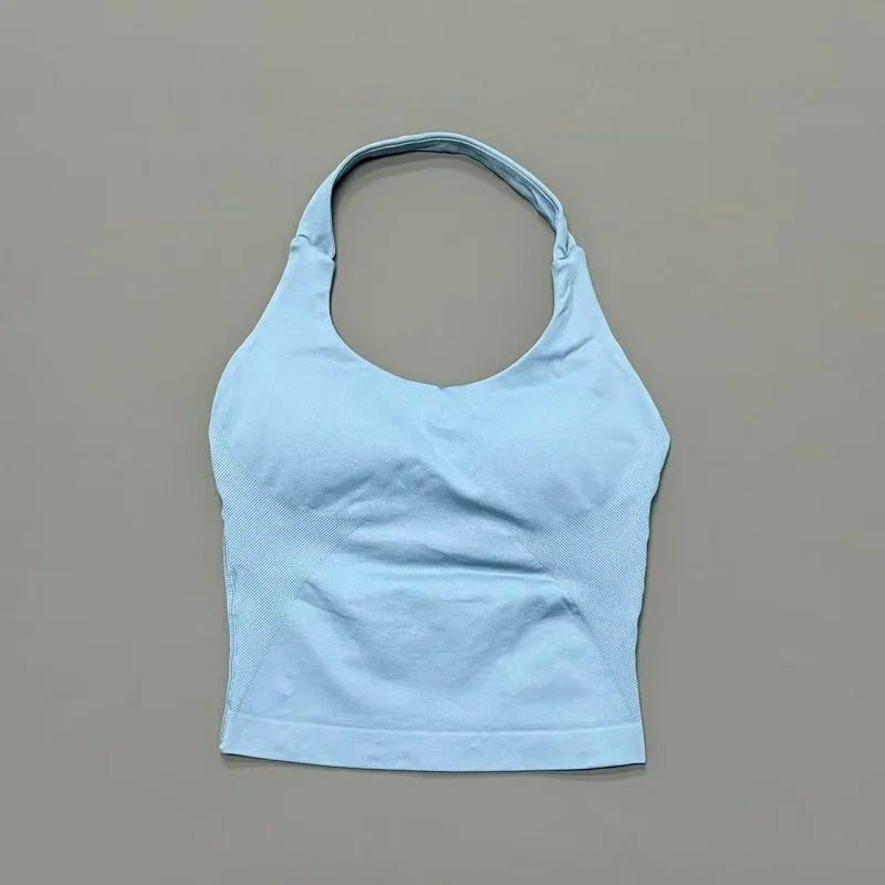 Prenda Superior Deportiva de Cuello Halter para Mujer, Camiseta de Tirantes Sin Costuras para Yoga con Almohadillas Integradas (Relleno), Ropa Deportiva Ajustada de Alta Elasticidad para Entrenamiento en Gimnasio, Fitness y C