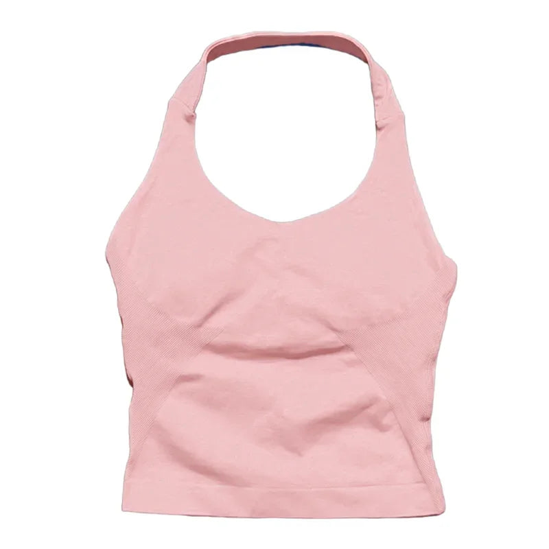 Prenda Superior Deportiva de Cuello Halter para Mujer, Camiseta de Tirantes Sin Costuras para Yoga con Almohadillas Integradas (Relleno), Ropa Deportiva Ajustada de Alta Elasticidad para Entrenamiento en Gimnasio, Fitness y C