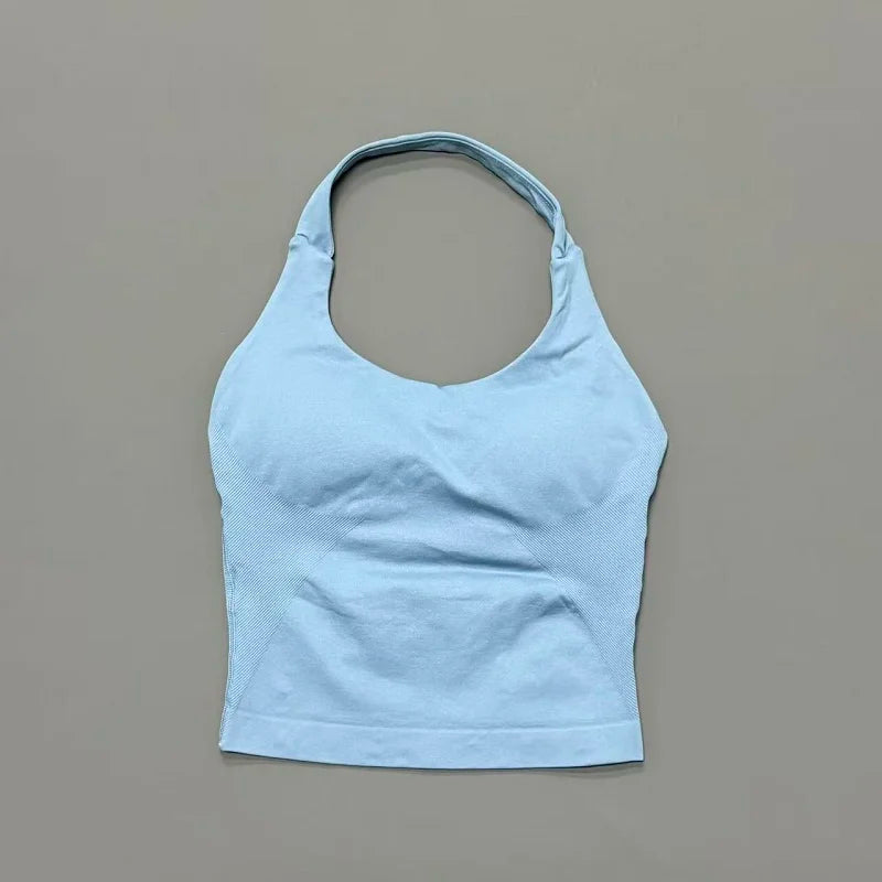 Prenda Superior Deportiva de Cuello Halter para Mujer, Camiseta de Tirantes Sin Costuras para Yoga con Almohadillas Integradas (Relleno), Ropa Deportiva Ajustada de Alta Elasticidad para Entrenamiento en Gimnasio, Fitness y C