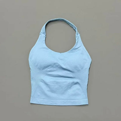 Prenda Superior Deportiva de Cuello Halter para Mujer, Camiseta de Tirantes Sin Costuras para Yoga con Almohadillas Integradas (Relleno), Ropa Deportiva Ajustada de Alta Elasticidad para Entrenamiento en Gimnasio, Fitness y C