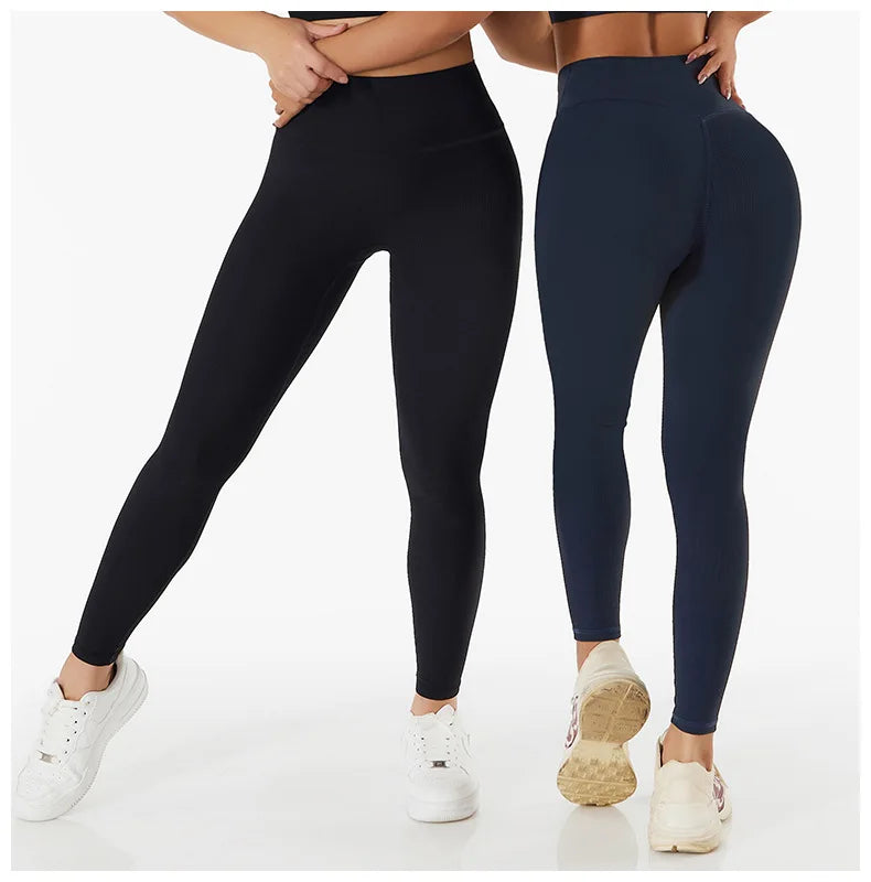 Nuevos Pantalones de Yoga Sin Costuras Acanalados (Ribbed), Leggings de Cintura Alta para Gimnasio, Leggings Deportivos de Fitness para Mujer, Mallas para Correr con Control de Abdomen