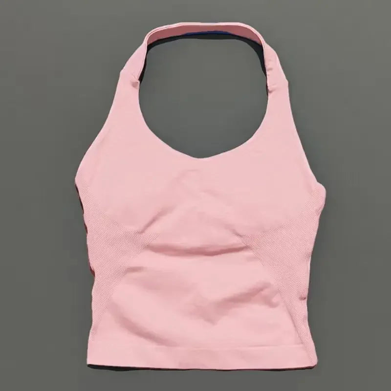 Prenda Superior Deportiva de Cuello Halter para Mujer, Camiseta de Tirantes Sin Costuras para Yoga con Almohadillas Integradas (Relleno), Ropa Deportiva Ajustada de Alta Elasticidad para Entrenamiento en Gimnasio, Fitness y C