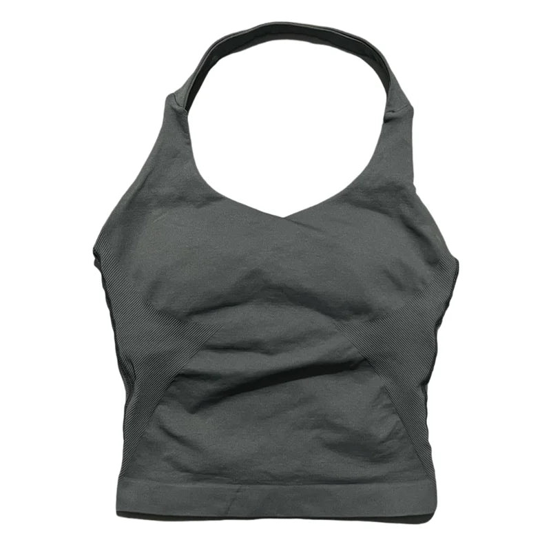 Prenda Superior Deportiva de Cuello Halter para Mujer, Camiseta de Tirantes Sin Costuras para Yoga con Almohadillas Integradas (Relleno), Ropa Deportiva Ajustada de Alta Elasticidad para Entrenamiento en Gimnasio, Fitness y C