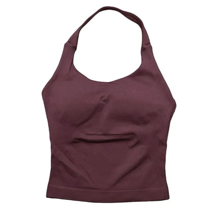 Prenda Superior Deportiva de Cuello Halter para Mujer, Camiseta de Tirantes Sin Costuras para Yoga con Almohadillas Integradas (Relleno), Ropa Deportiva Ajustada de Alta Elasticidad para Entrenamiento en Gimnasio, Fitness y C