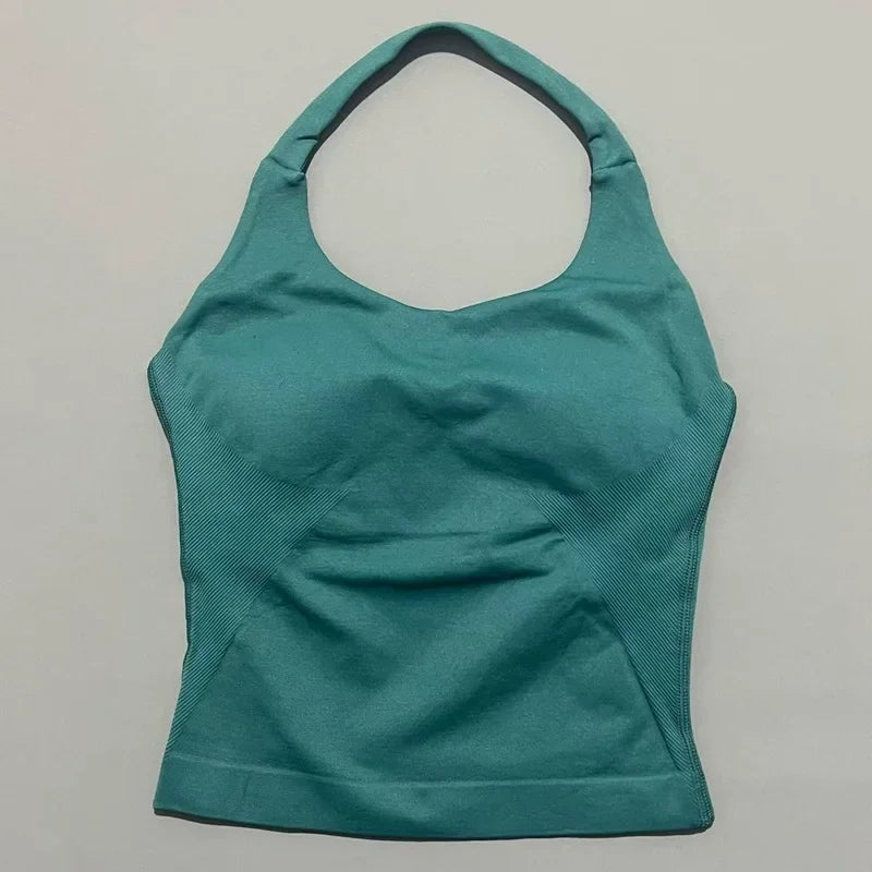 Prenda Superior Deportiva de Cuello Halter para Mujer, Camiseta de Tirantes Sin Costuras para Yoga con Almohadillas Integradas (Relleno), Ropa Deportiva Ajustada de Alta Elasticidad para Entrenamiento en Gimnasio, Fitness y C