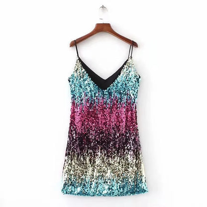 Vestido de Verano para Mujer 2025, Nuevo Vestido Corto Sexy con Tirantes, Sin Mangas, con Lentejuelas, Cuello en V, Tipo Halter, Mini Vestidos, Ropa
