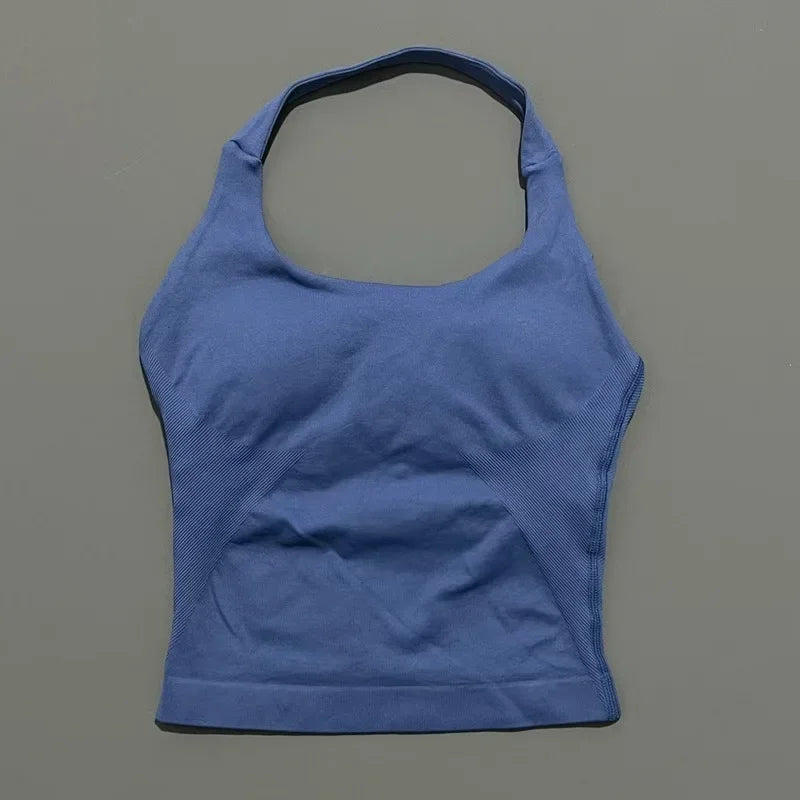 Prenda Superior Deportiva de Cuello Halter para Mujer, Camiseta de Tirantes Sin Costuras para Yoga con Almohadillas Integradas (Relleno), Ropa Deportiva Ajustada de Alta Elasticidad para Entrenamiento en Gimnasio, Fitness y C