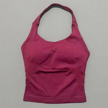Prenda Superior Deportiva de Cuello Halter para Mujer, Camiseta de Tirantes Sin Costuras para Yoga con Almohadillas Integradas (Relleno), Ropa Deportiva Ajustada de Alta Elasticidad para Entrenamiento en Gimnasio, Fitness y C