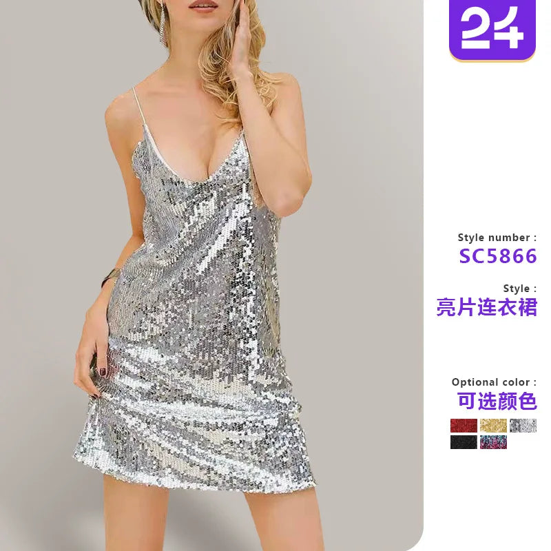 Vestido de Verano para Mujer 2025, Nuevo Vestido Corto Sexy con Tirantes, Sin Mangas, con Lentejuelas, Cuello en V, Tipo Halter, Mini Vestidos, Ropa