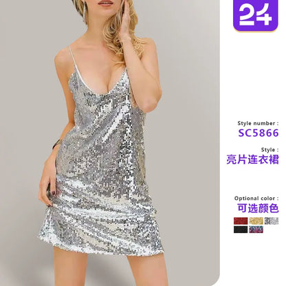 Vestido de Verano para Mujer 2025, Nuevo Vestido Corto Sexy con Tirantes, Sin Mangas, con Lentejuelas, Cuello en V, Tipo Halter, Mini Vestidos, Ropa