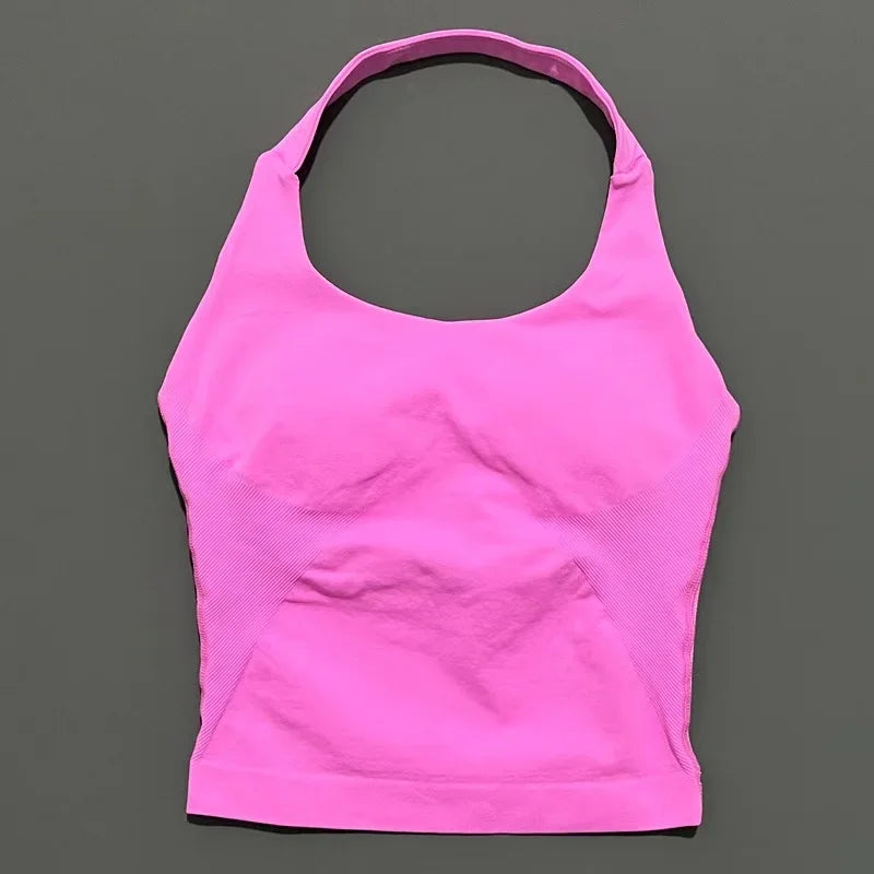 Prenda Superior Deportiva de Cuello Halter para Mujer, Camiseta de Tirantes Sin Costuras para Yoga con Almohadillas Integradas (Relleno), Ropa Deportiva Ajustada de Alta Elasticidad para Entrenamiento en Gimnasio, Fitness y C